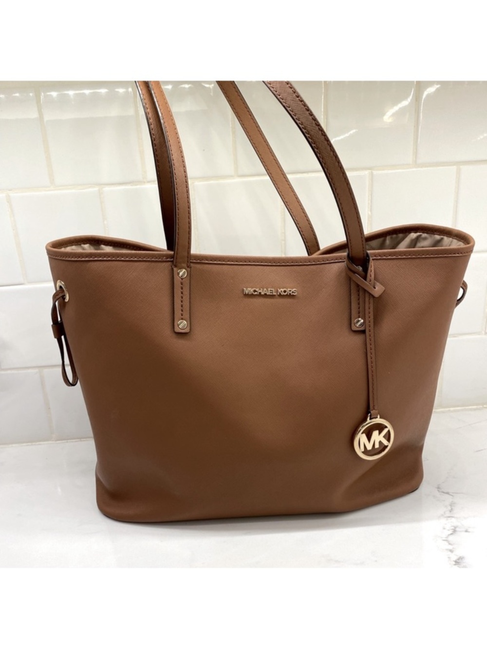 Michael Kors Tan Leather Shoulder Tote with Gold MK Charm